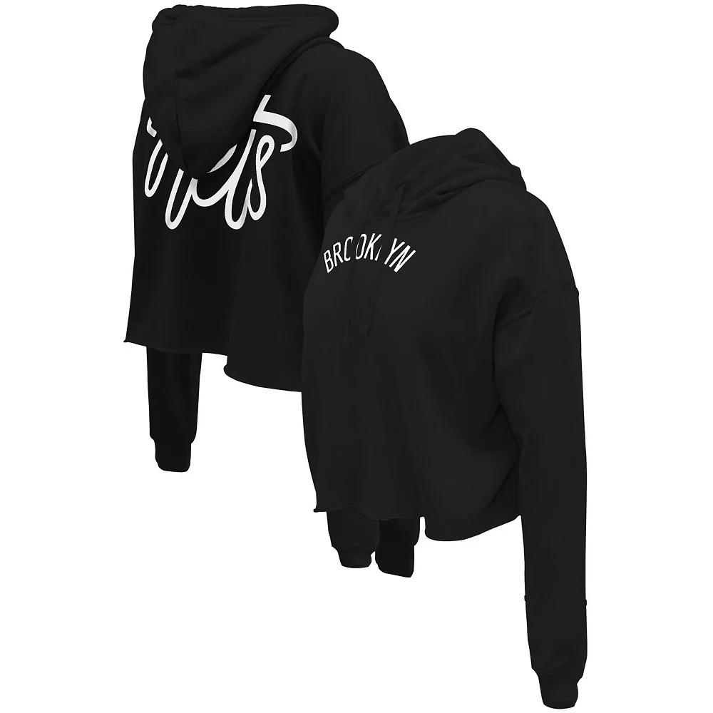 Women's Stadium Essentials Black Brooklyn Nets Origins Script Cropped Pullover Hoodie,  Product Image
