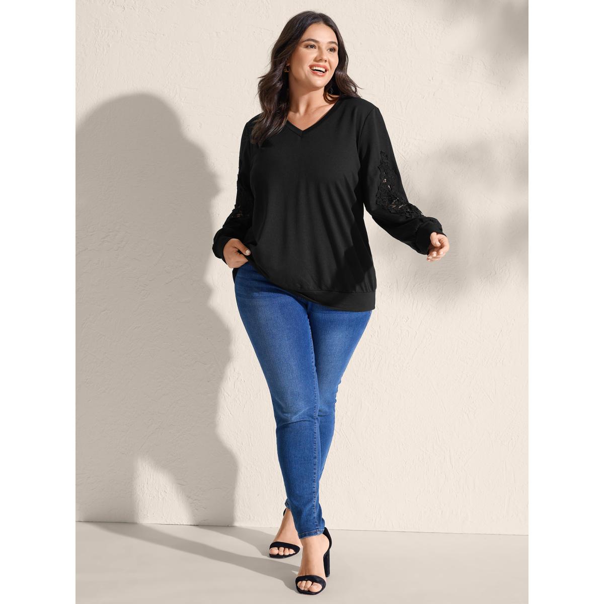 Plus Size Stretchy Cut-Out Lace V-Neck Sweatshirt Women Black Timeless See through V-neck Elegant Sweatshirts BloomChic 22-24/3X Product Image