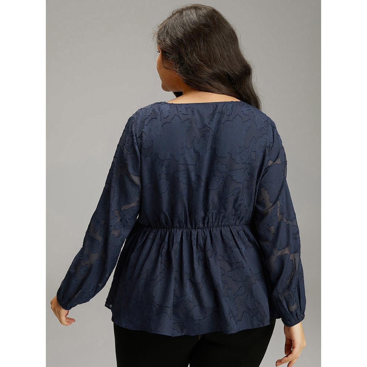 Plus Size Indigo Floral Mesh Elastic Waist Button Detail Blouse Women Glamour Long Sleeve V-neck Going out Blouses BloomChic 26/4X Product Image
