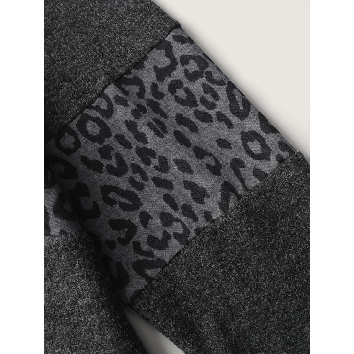 Plus Size Leopard Print Patchwork Cross-Tie Neckline Sweatshirt Women Black Leisure Eyelet V-neck Casual Sweatshirts BloomChic 18-20/2X Product Image