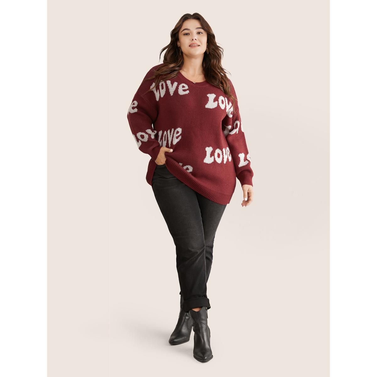 Plus Size Love Letter Round Neck Drop Shoulder Pullover Scarlet Women Casual Long Sleeve Round Neck Everyday Pullovers BloomChic 18-20/2X Product Image