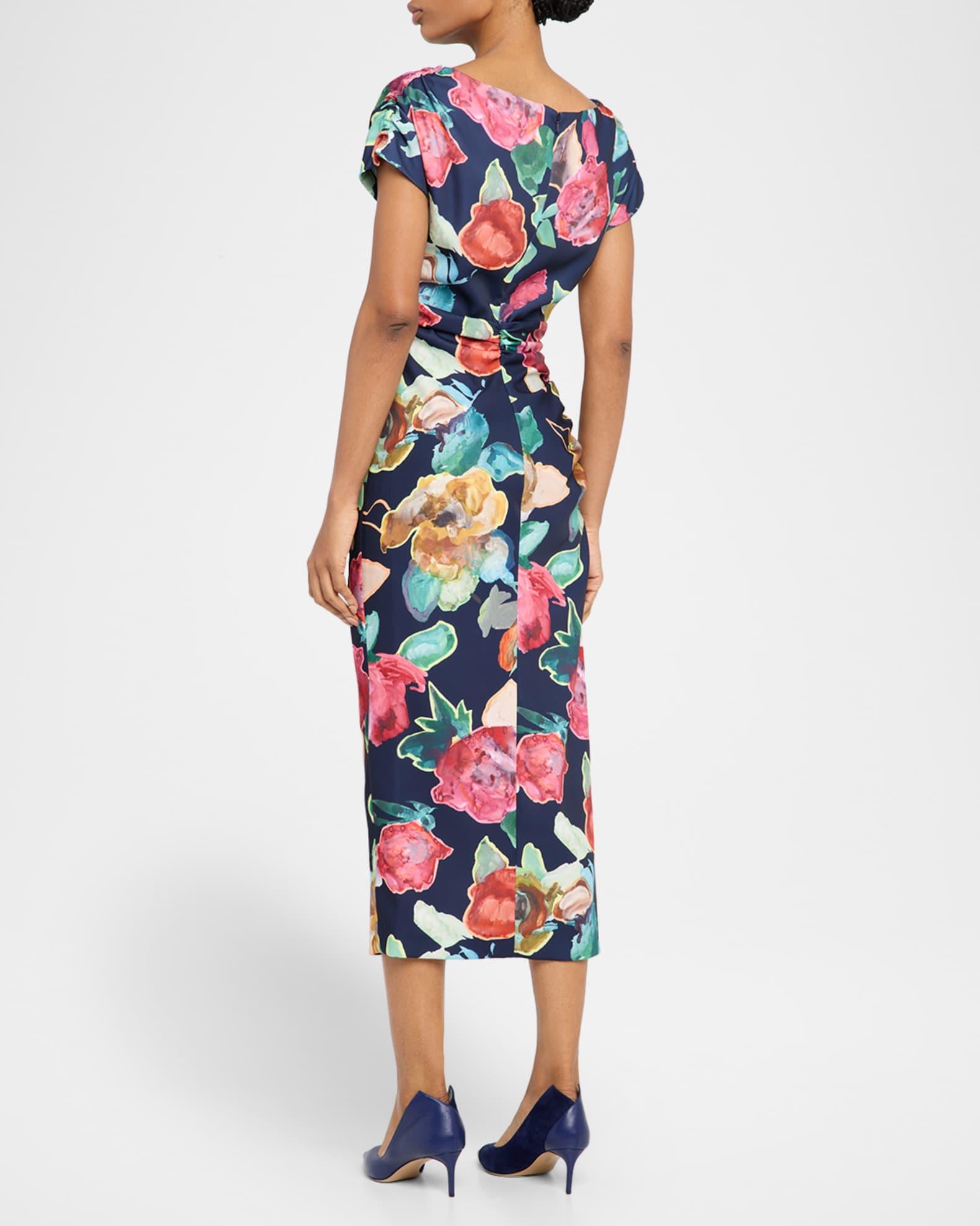 Floral Print Ruched Crepe Midi Dress Product Image