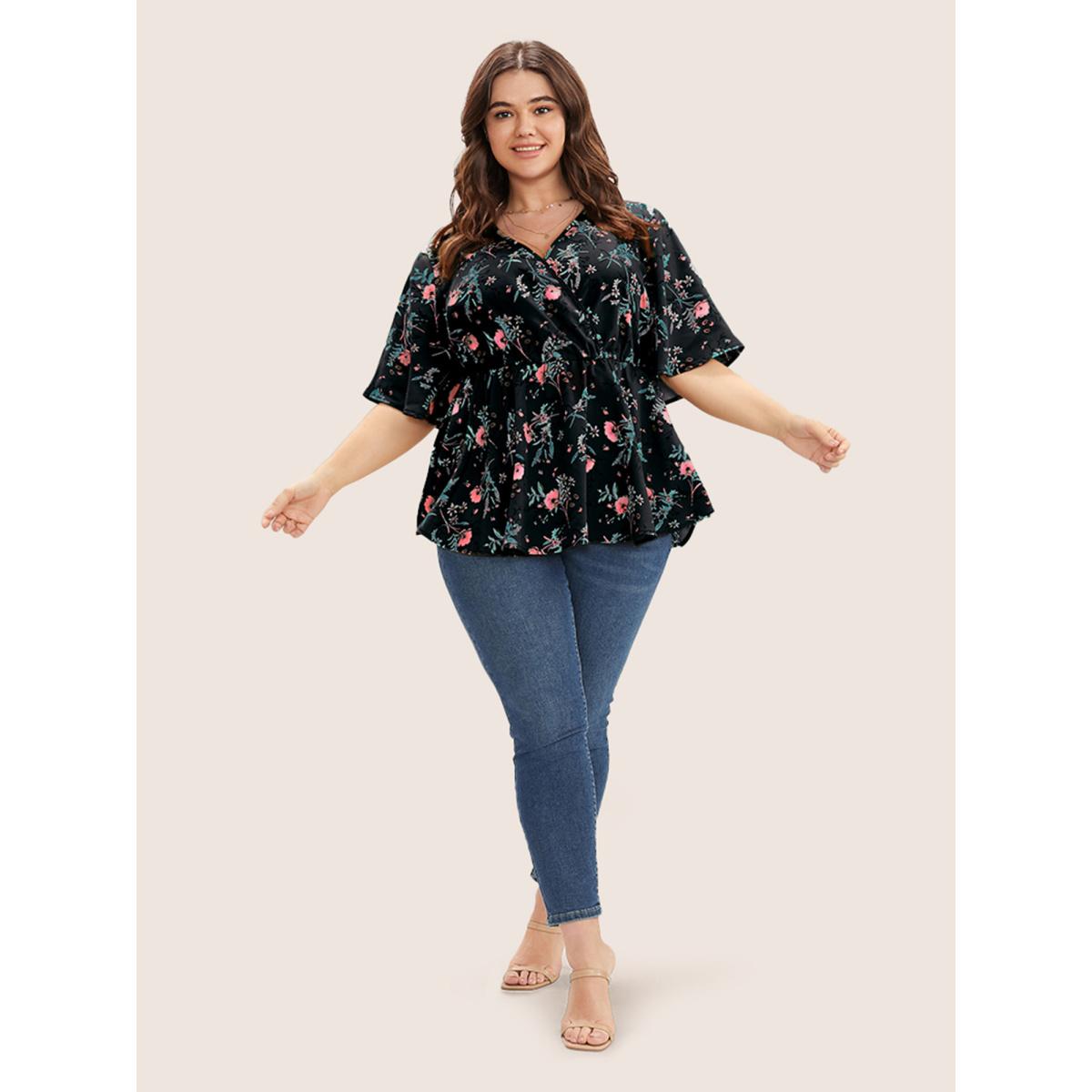 Plus Size Black Floral Print Ruffles Surplice Neck Blouse Women Elegant Half Sleeve V-neck Everyday Blouses BloomChic 18-20/2X Product Image
