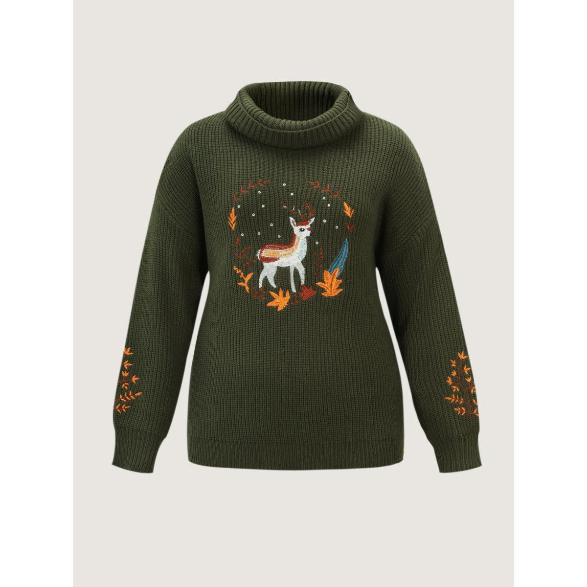 Plus Size Turtleneck Deer Embroidery Knit Pullover ArmyGreen Women Playful Loose Long Sleeve Turtleneck Casual Pullovers BloomChic 26/4X Product Image
