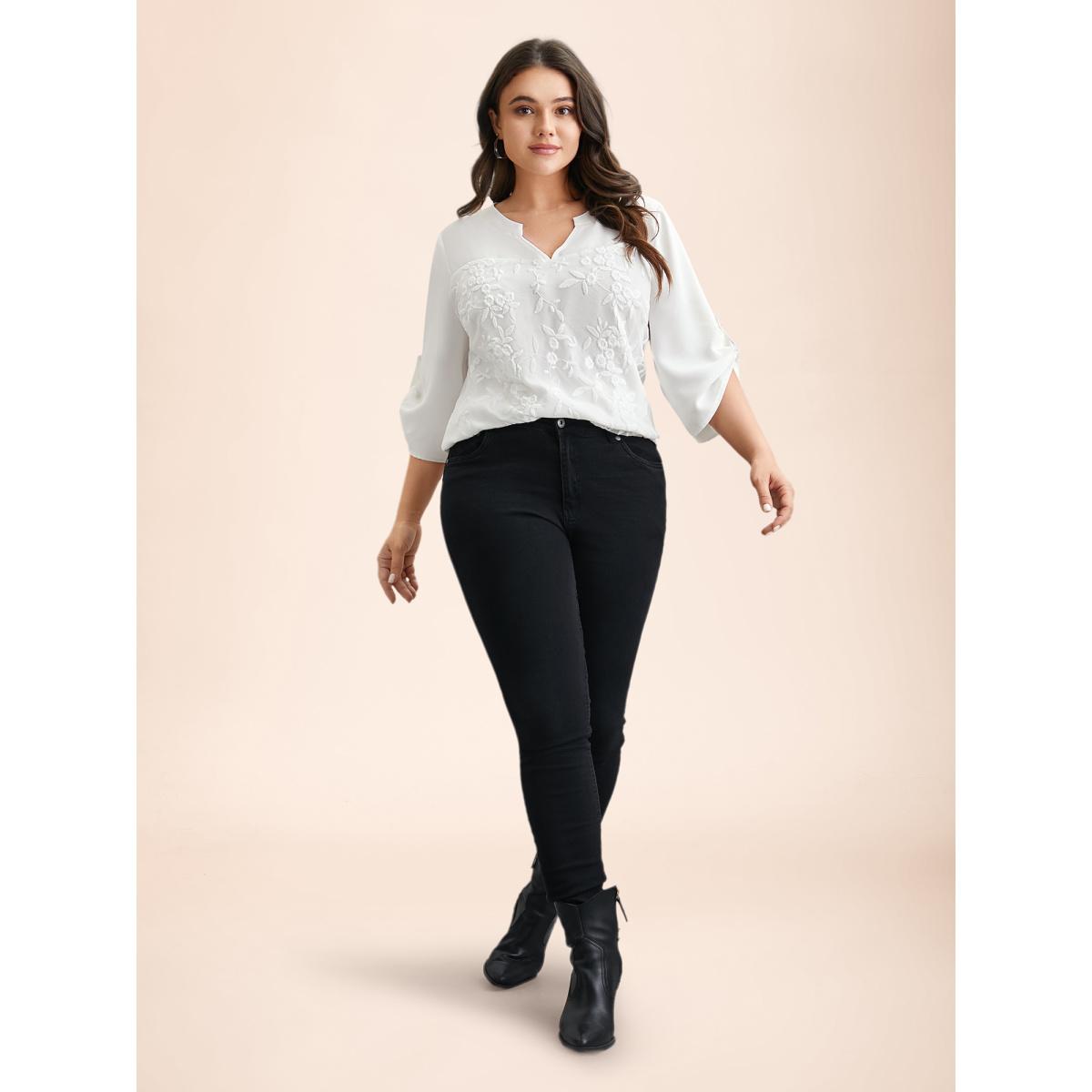 Plus Size WhiteSmoke Lace Patchwork Gathered Tab Sleeve Shirt Women Casual Elbow-length sleeve Notched collar Everyday Blouses BloomChic 30/6X Product Image