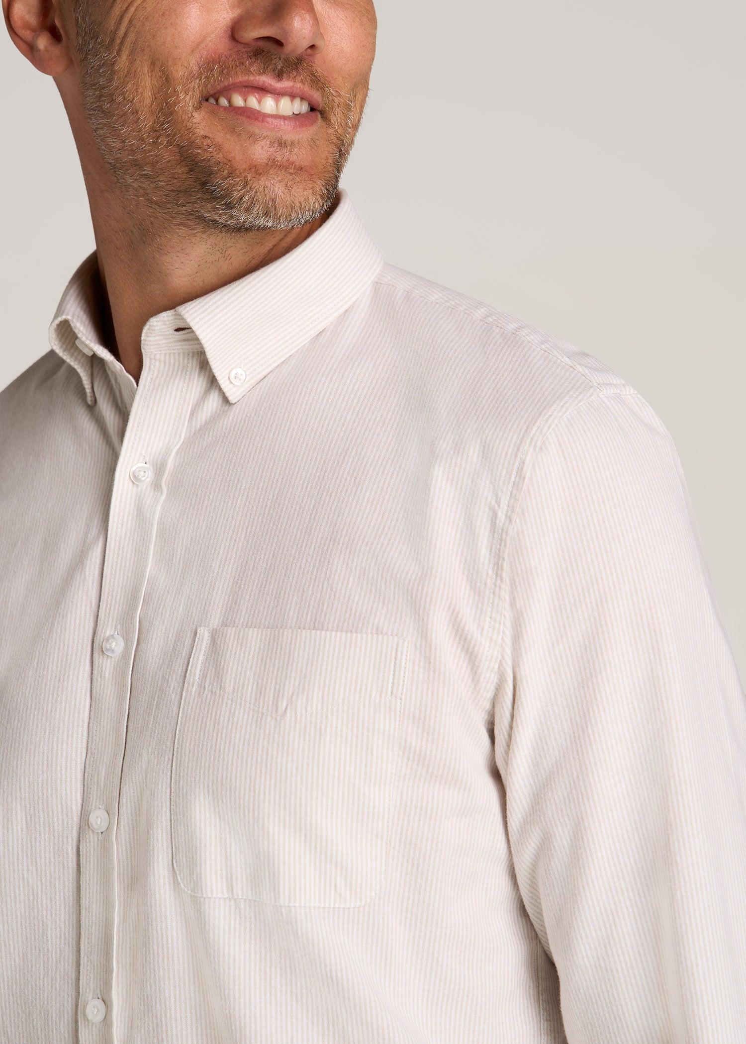 Washed Oxford Shirt for Tall Men in Taupe Mini-stripe Product Image