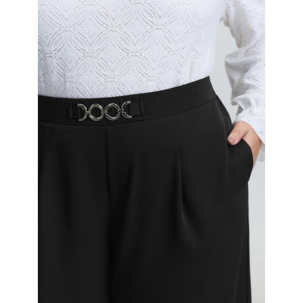Plus Size Metal Buckle Detail Wide-Leg Pants Women Black Timeless Straight Leg Mid Rise Elegant Pants BloomChic 28/5X Product Image