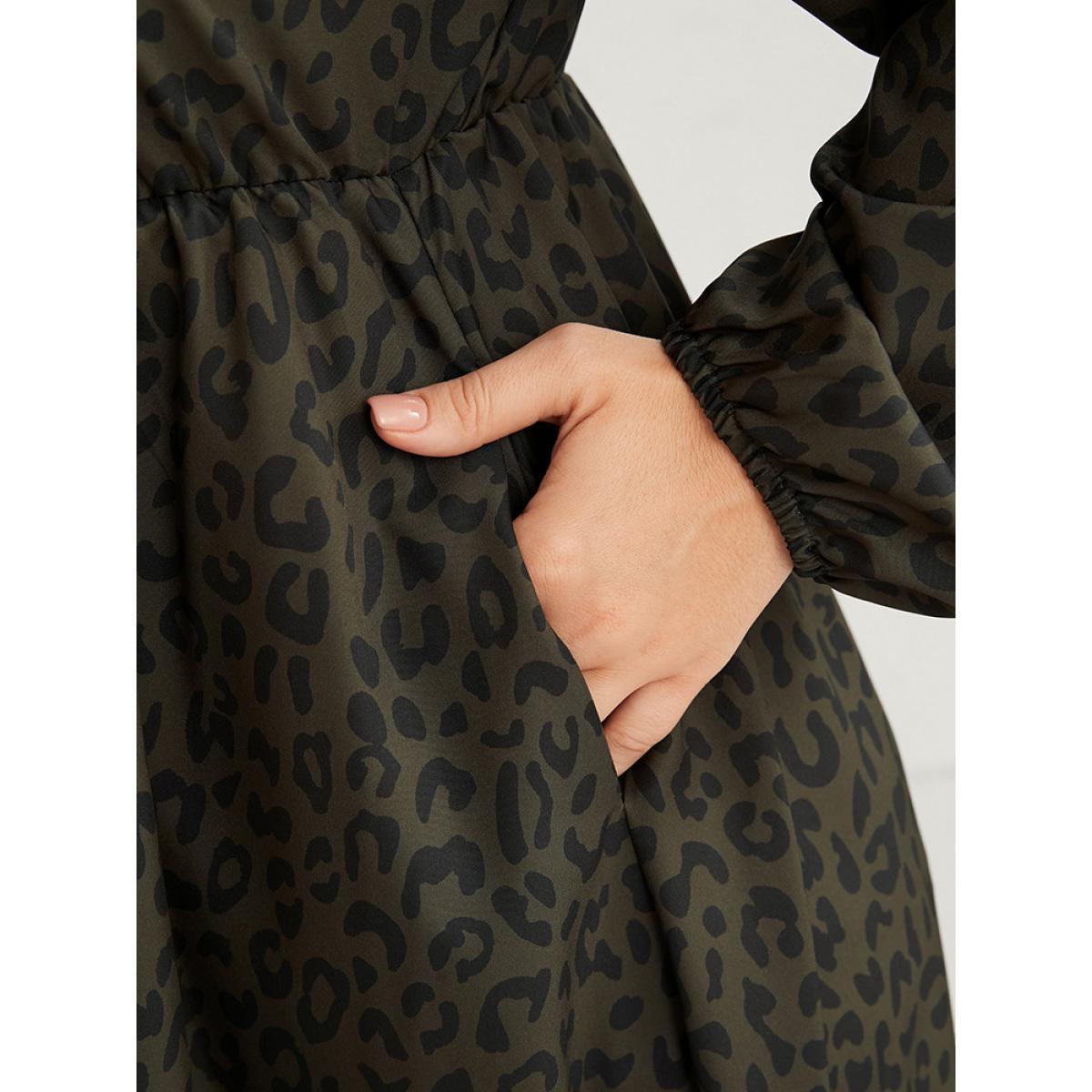 Plus Size Leopard Print Square Neck Pocket Puff Sleeve Midi Dress ArmyGreen Women Elegant Square Neck Long Sleeve Curvy Midi Dress BloomChic 18-20/2X Product Image