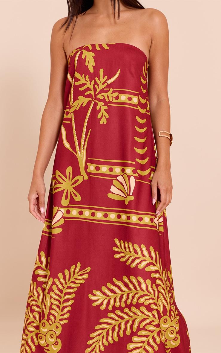 Deep Red Palm Print Woven Bandeau Maxi Dress Product Image