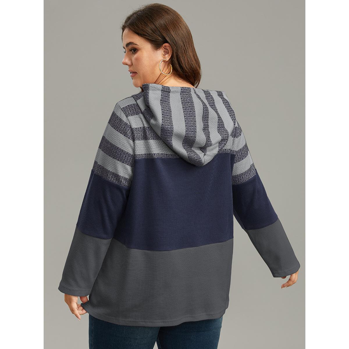 Plus Size Waffle Knit Striped Colorblock Hooded Sweatshirt Women Gray Casual Contrast Hooded Dailywear Sweatshirts BloomChic 14-16/1X Product Image