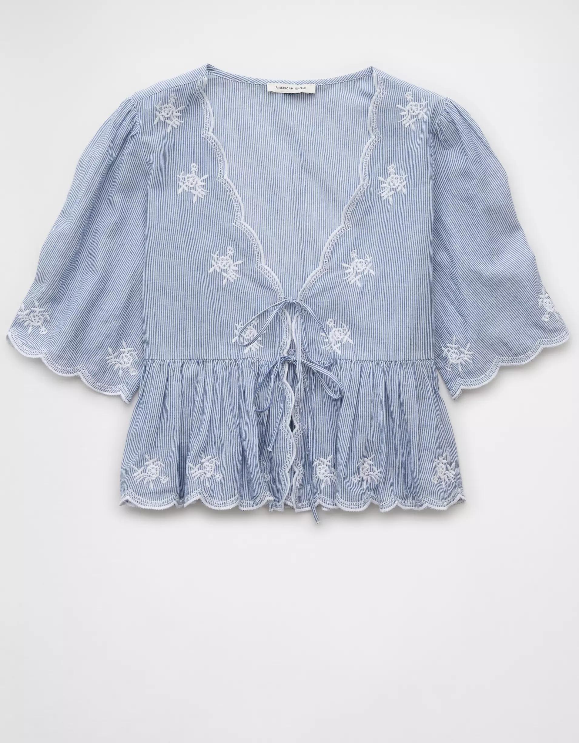 AE Embroidered Tie Front V-Neck Blouse Product Image