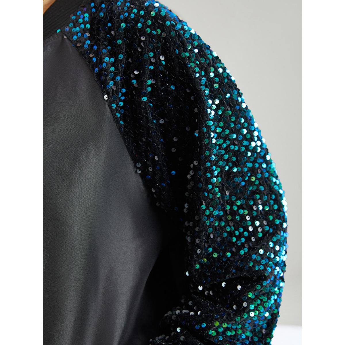 Plus Size Sequin Detail Patchwork Pocket Jacket Women Black Elastic cuffs Pocket Dailywear Jackets BloomChic 30/6X Product Image