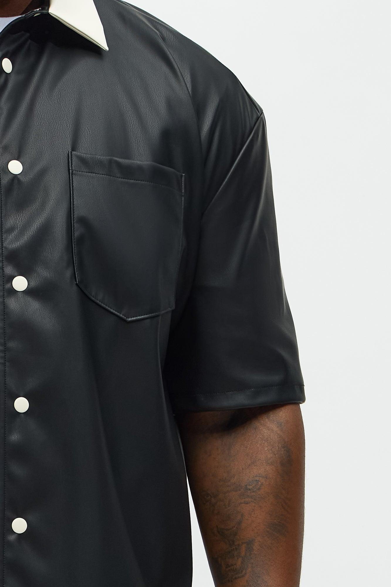 Cropped Colored Collar Faux leather Button Up Shirt - Black Male Product Image