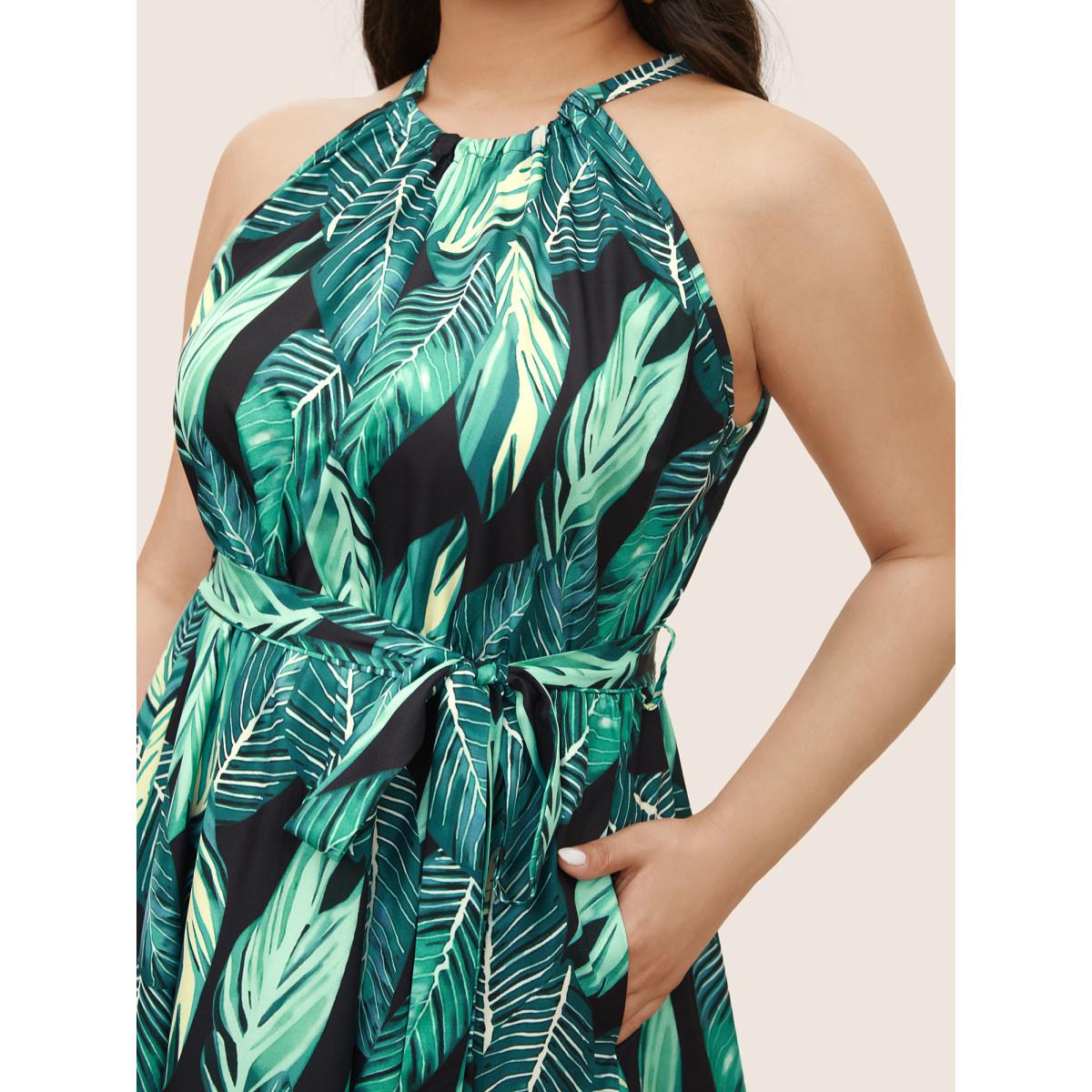 Plus Size Tropical Print Knotted Pocket Ruffles Belted Halter Dress Black Women Resort Non Halter neck Sleeveless Curvy Midi Dress BloomChic 12/L Product Image