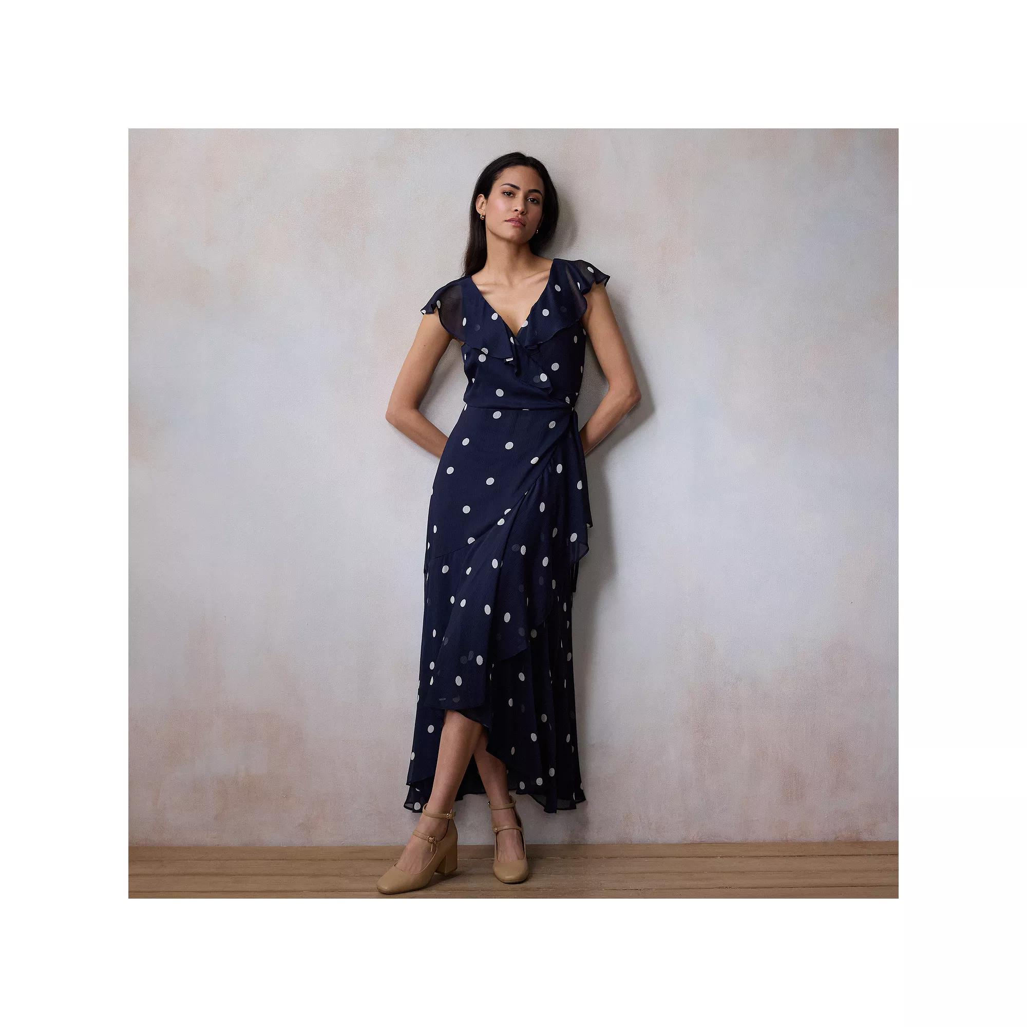 Women's LC Lauren Conrad Flutter Sleeve Wrap Maxi Dress, Size: Medium, Blue Audrey Dot Product Image