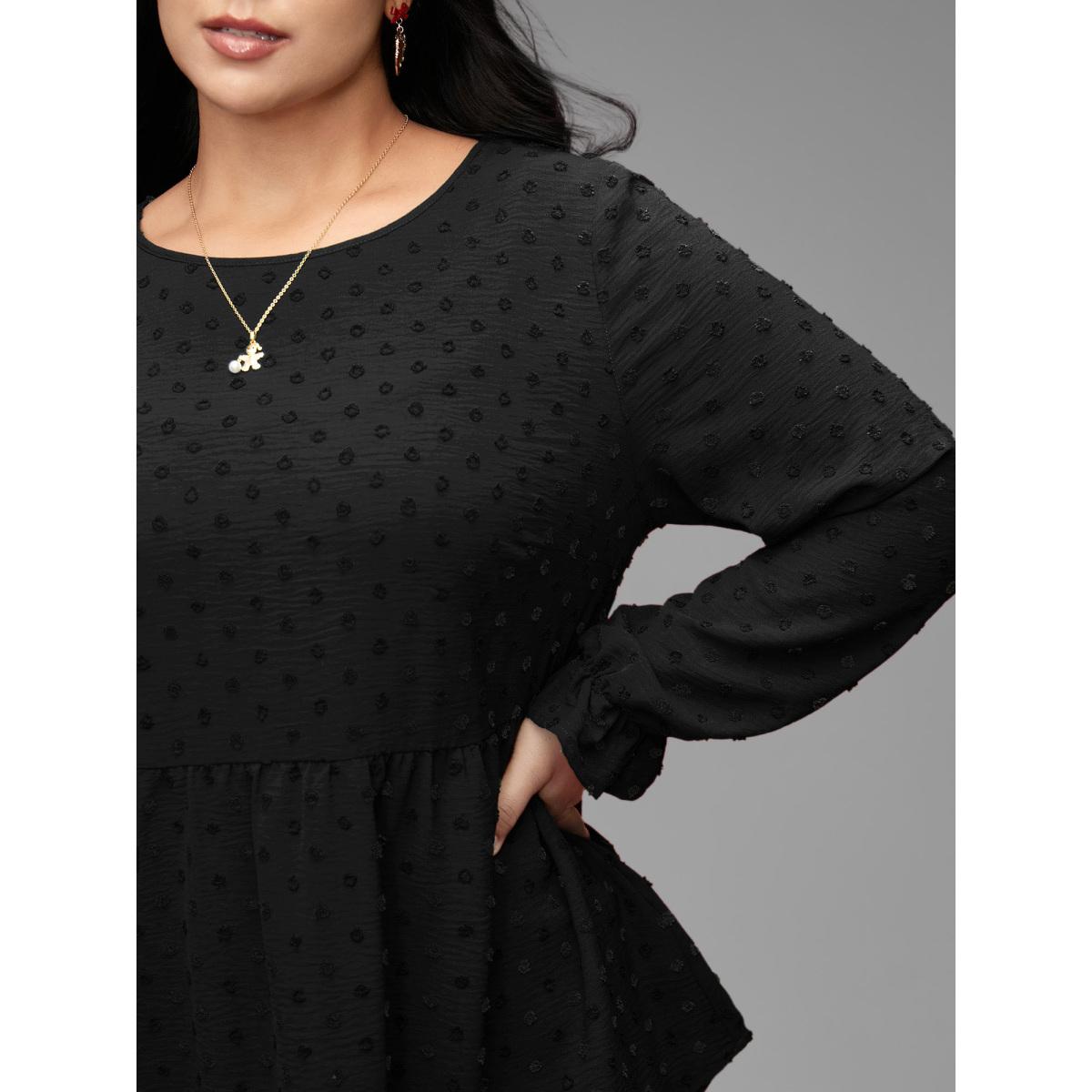 Plus Size Black Textured Dot Elastic Cuffs A-line Blouse Women Leisure Long Sleeve Round Neck Casual Blouses BloomChic 10/M Product Image