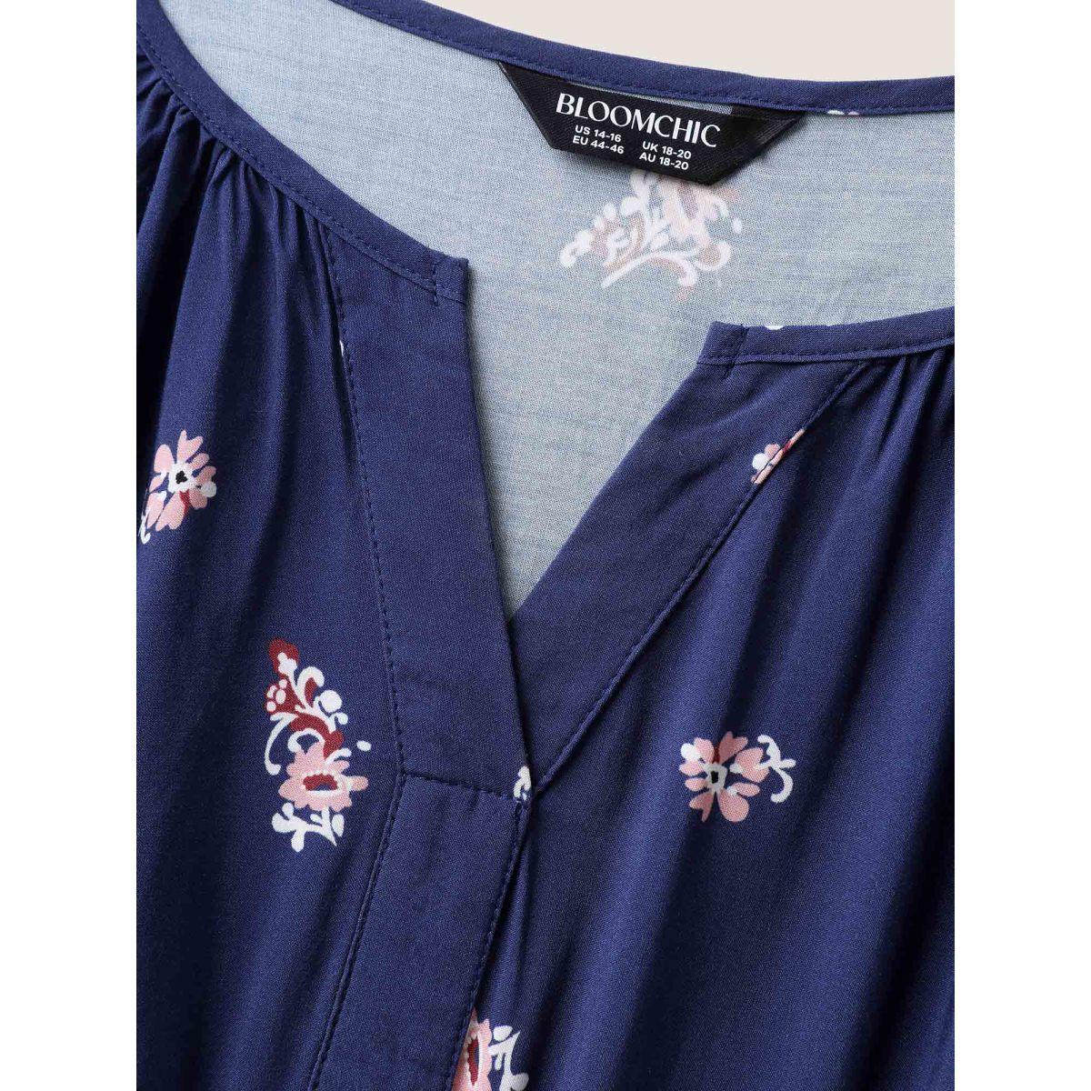 Plus Size Paisley Print Shirred Waist Midi Dress DarkBlue Women Boho Flat collar with V-notch Elbow-length sleeve Curvy BloomChic 18-20/2X Product Image