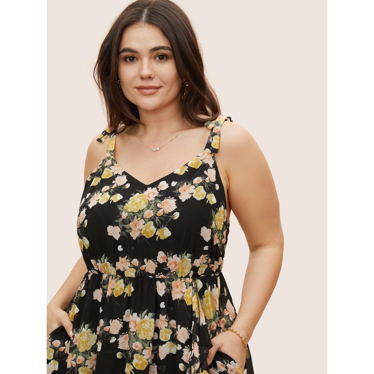 Plus Size Floral Tie Knot Elastic Waist Dress Black Women Formal Tie knot V-neck Sleeveless Curvy BloomChic 30/6X Product Image