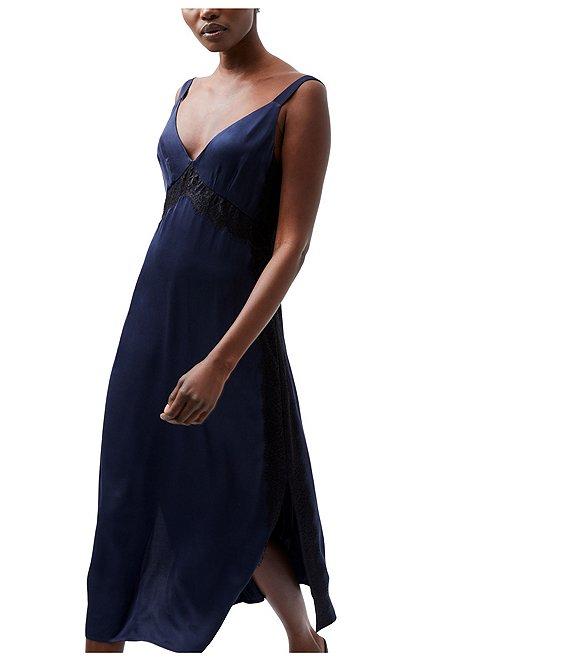 French Connection Ennis Satin V-Neck Sleeveless Lace Midi Dress Product Image