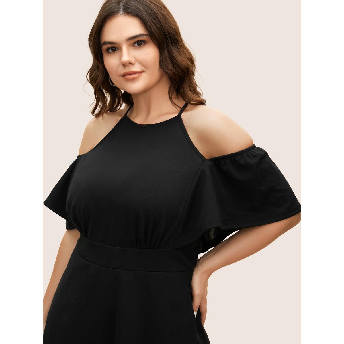 Plus Size Cold Shoulder Flutter Sleeve Midi Dress Black Women At the Office Gathered Round Neck Short sleeve Curvy BloomChic 30/6X Product Image