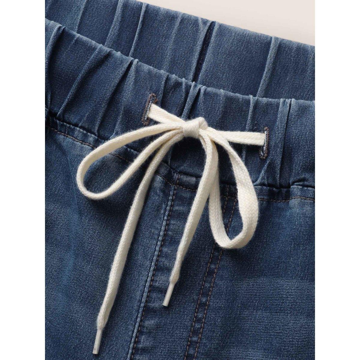 Plus Size Dark Wash Drawstring Wide Leg Jeans Women Denimblue Casual Drawstring High stretch Slanted pocket Jeans BloomChic 10/M Product Image