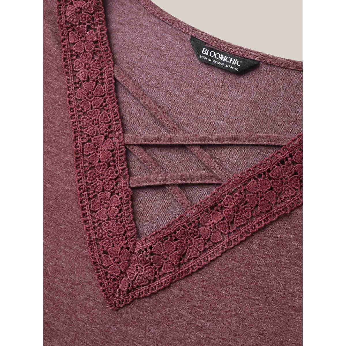 Plus Size Neck Tie-Up Lace Spliced Tank Top Women Burgundy Woven ribbon&lace trim V-neck Everyday-Casual Tank Tops Camis BloomChic 18-20/2X Product Image