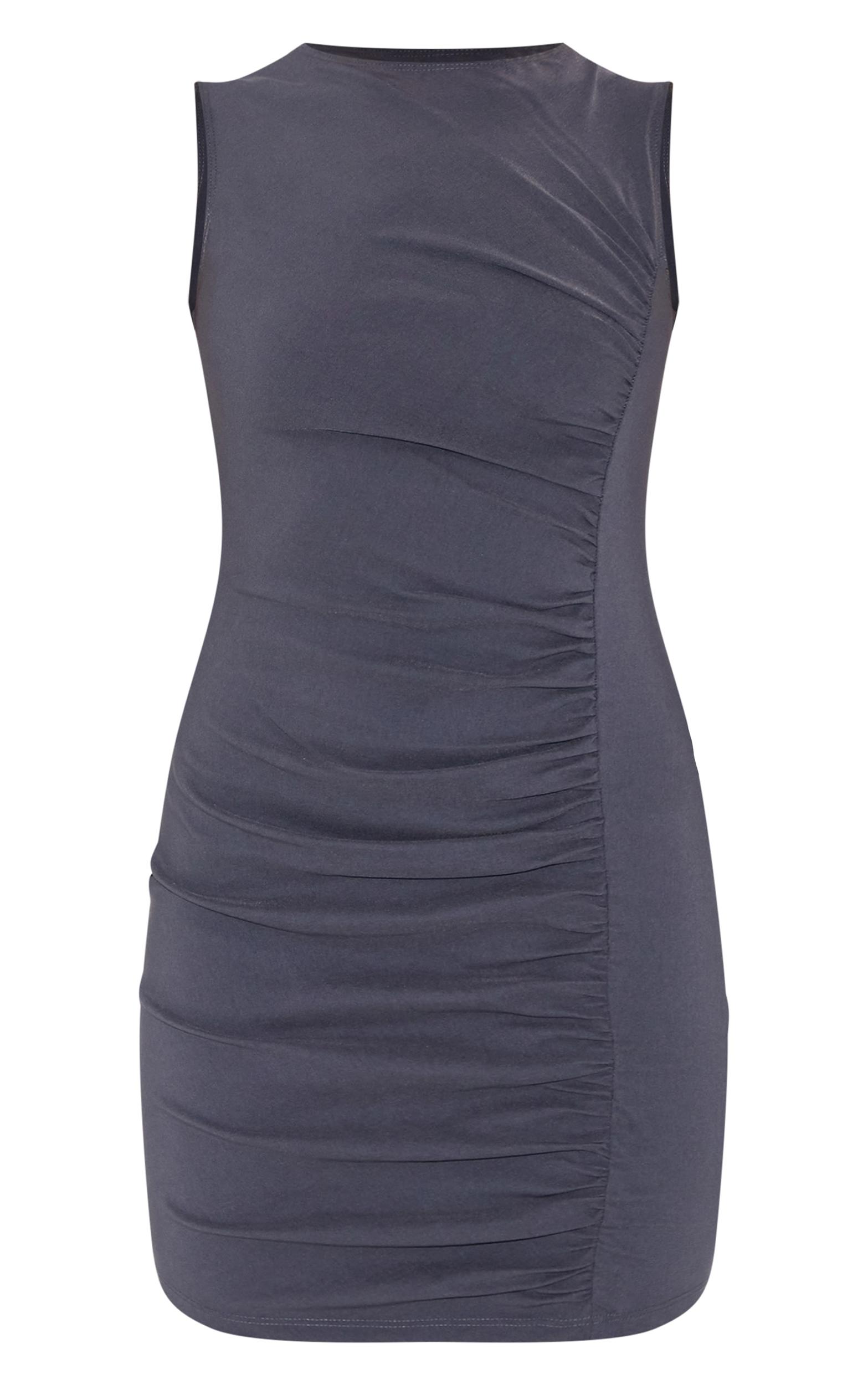  Charcoal Stretch Woven Ruched Bodycon Dress Product Image