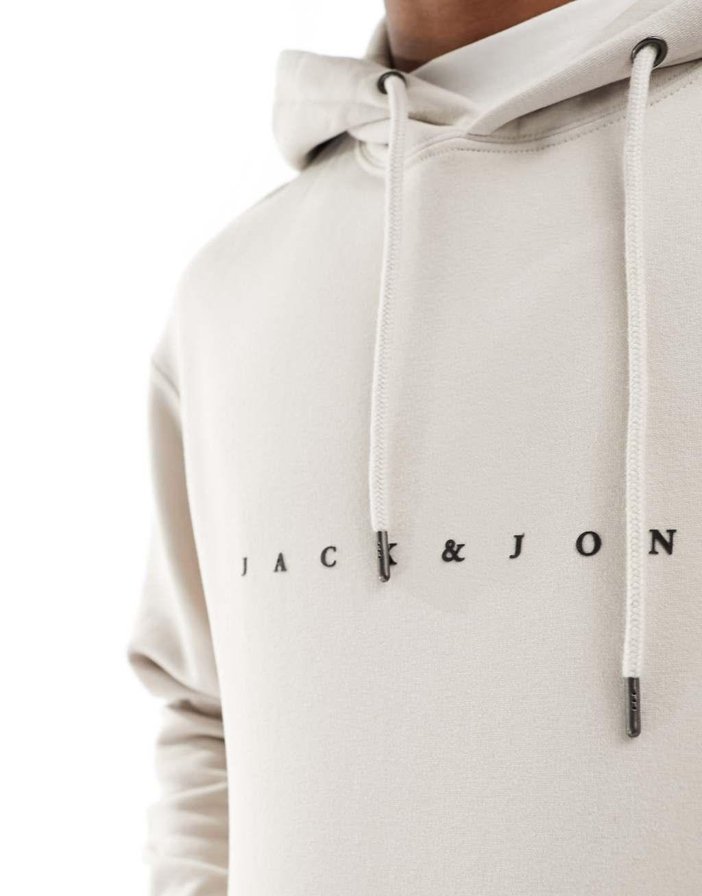 Jack & Jones oversize hoodie with chest logo in beige Product Image
