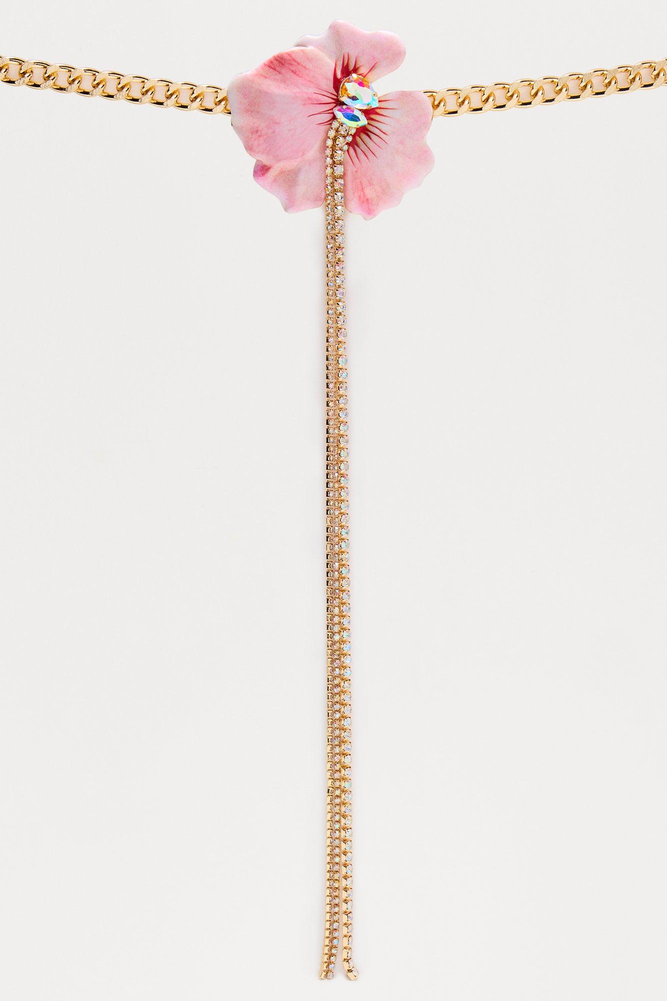 3D Floral Rhinestones Lariat Necklace  - Pink/combo Product Image