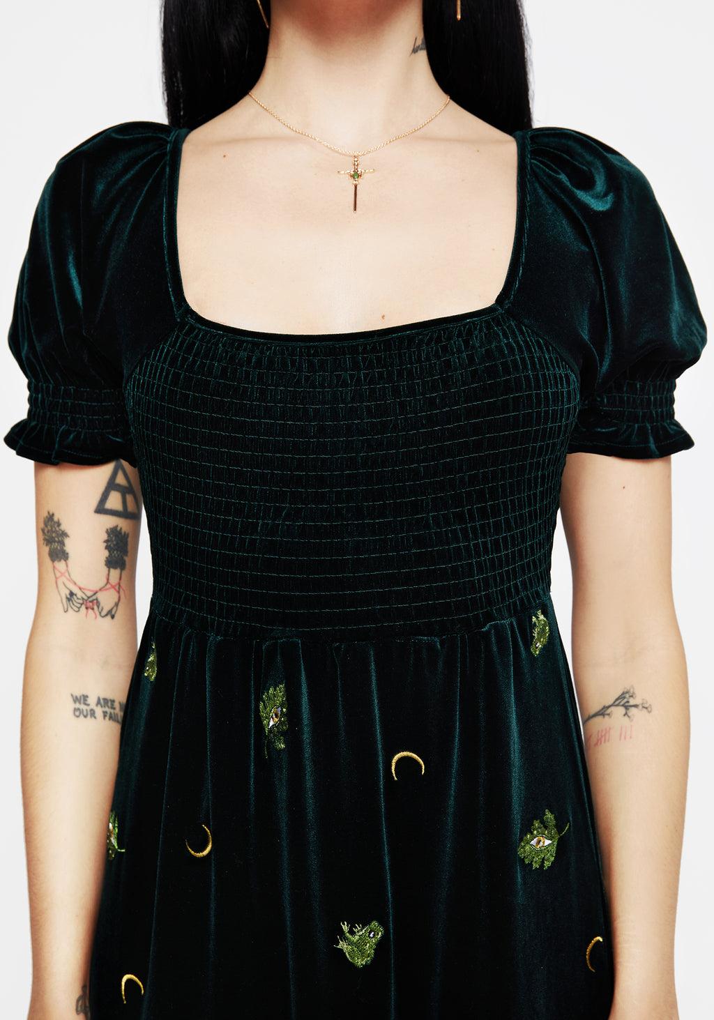 Swamplife Frog Embroidered Velour Tiered Midi Dress Product Image