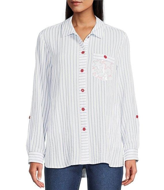 Multiples Crinkle Woven Stars And Stripe Printed Point Collar Long Roll-Tab Sleeve Hi-Low Hem Button Front Shirt Product Image