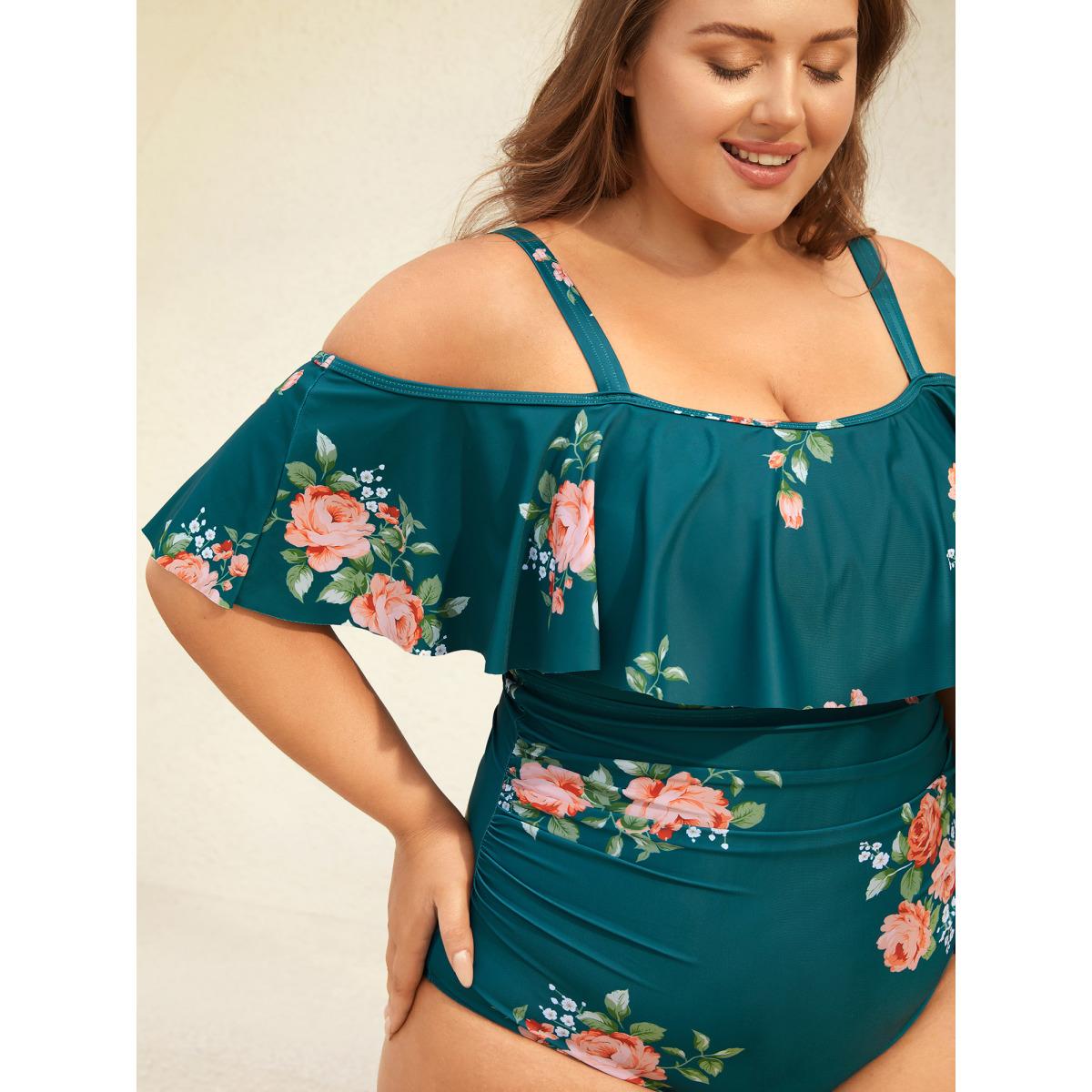 Plus Size Two-Piece Floral Ruffled Knotted One-Piece, Sarong Women's Swimwear Teal Resort Tie knot Curve Bathing Suits High stretch One Pieces BloomChic 14-16/1X Product Image