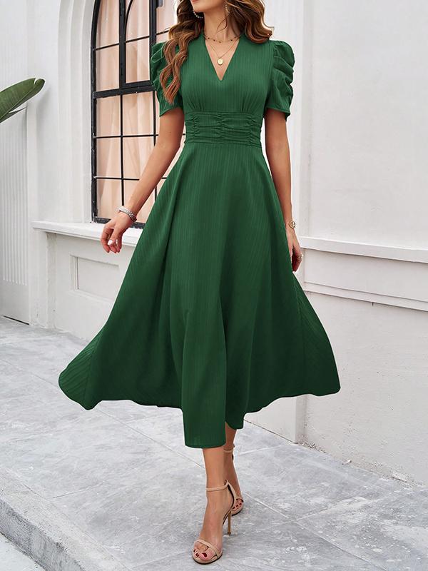A-Line High Waisted Pleated Solid Color Zipper V-Neck Maxi Dresses Product Image