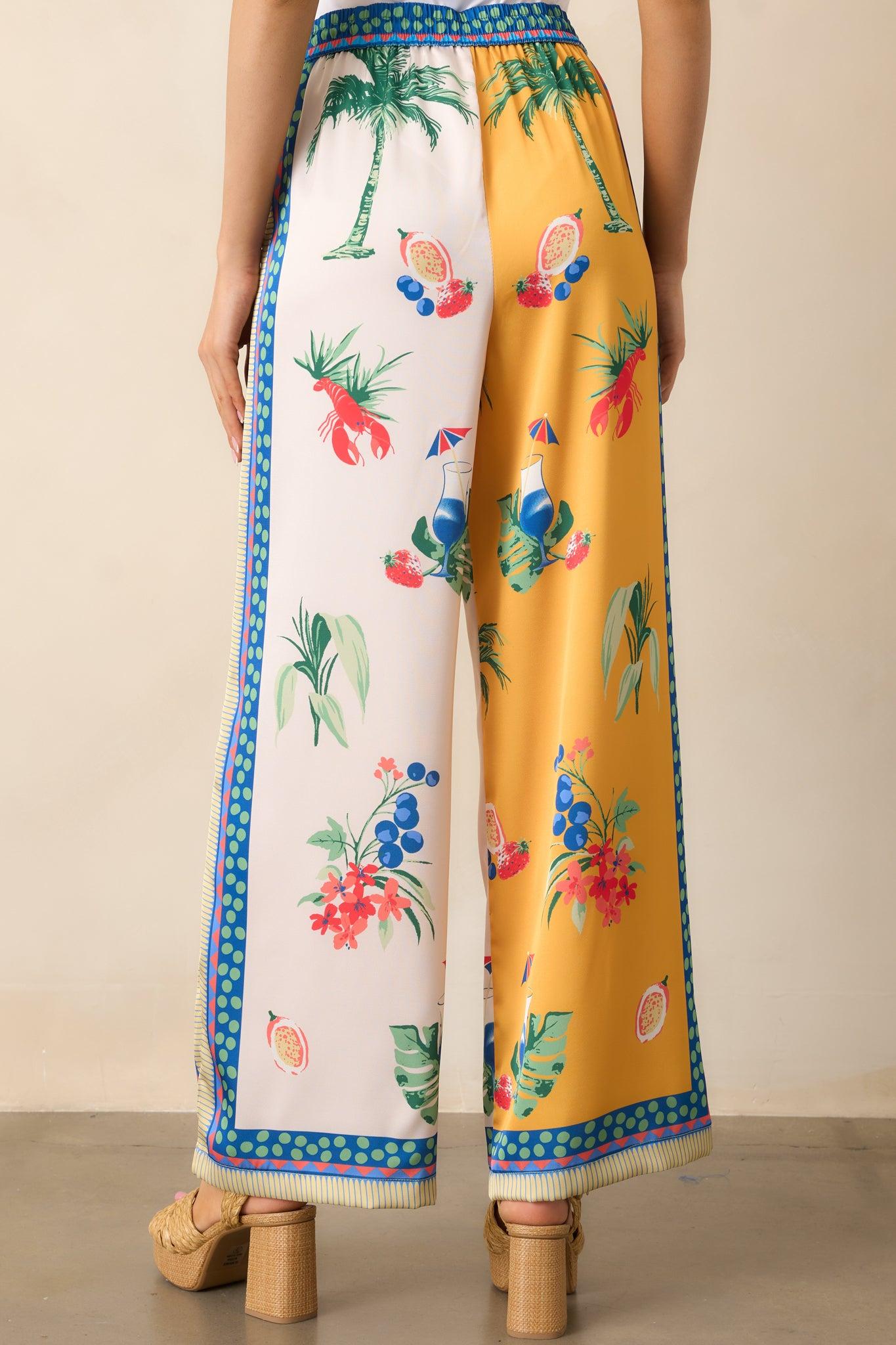 Breathing Deep Yellow Colorblock Coastal Print Drawstring Pants Product Image