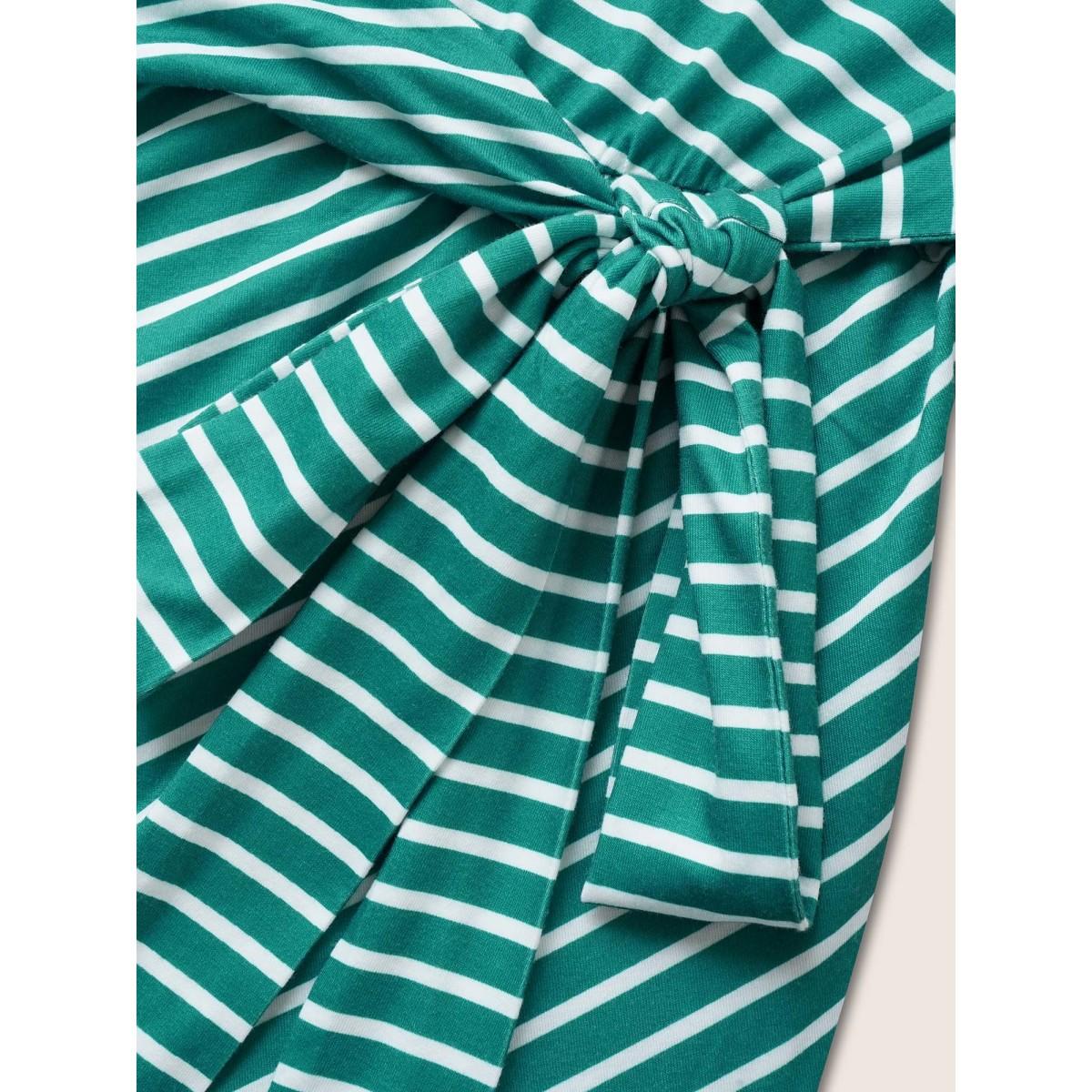 Plus Size Striped Tie Knot Batwing Sleeve Split Side Dress Emerald Women Casual Tie knot Round Neck Cap Sleeve Curvy BloomChic 18-20/2X Product Image