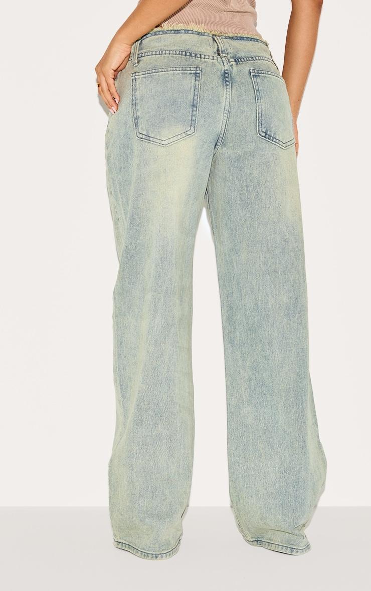 Petite Vintage Wash Fray Waist Low Rise Straight Leg Jeans Product Image