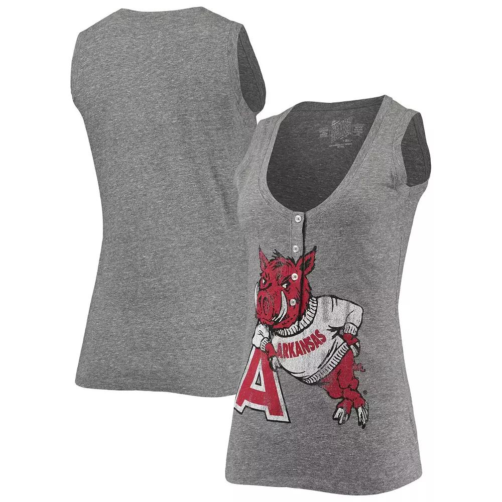 Women's Original Retro Brand Heathered Gray Arkansas Razorbacks Relaxed Henley Tri-Blend V-Neck Logo Tank Top,  Product Image