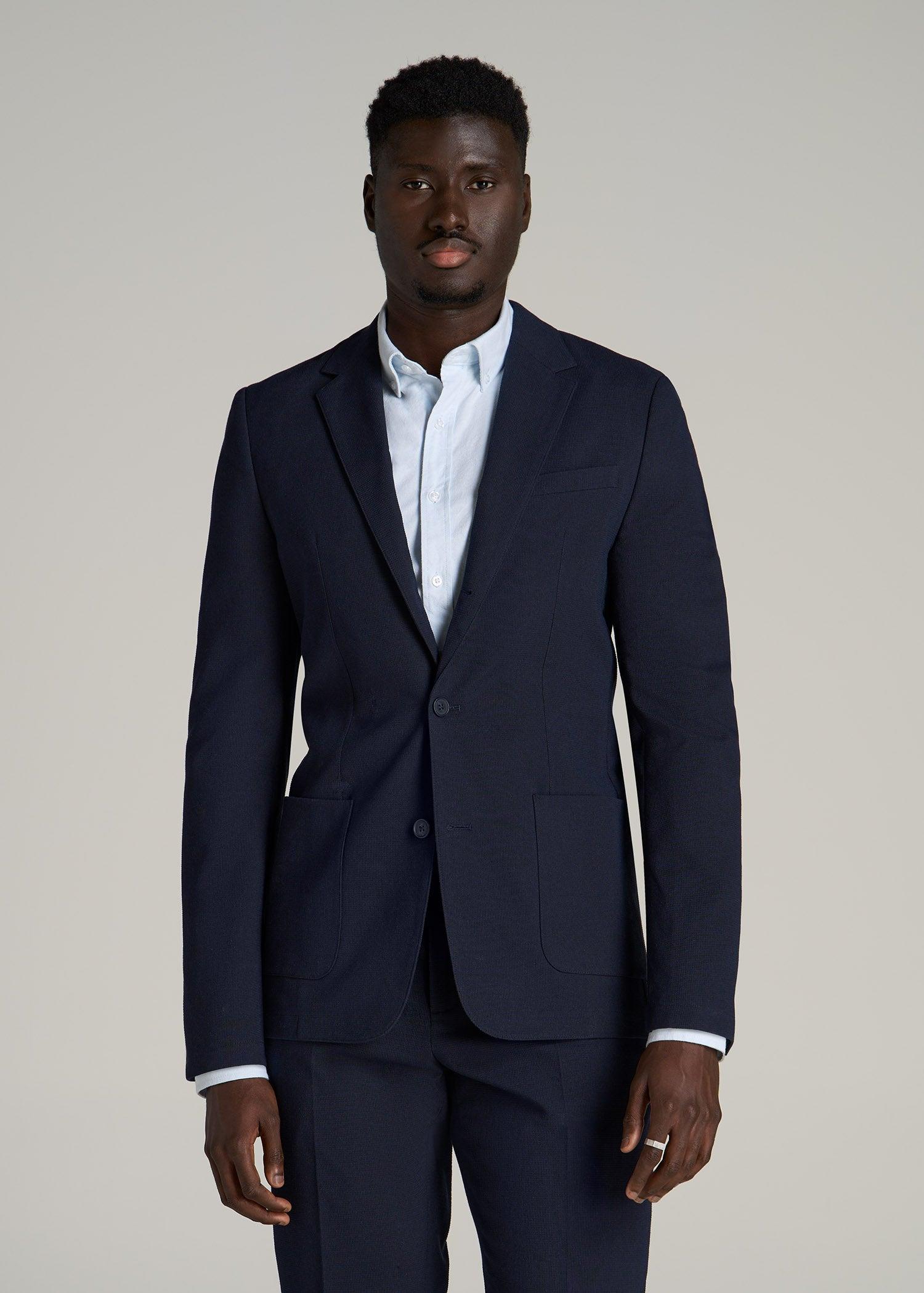Textured Garment Washed Stretch Cotton Blazer for Tall Men in Evening Blue Male Product Image