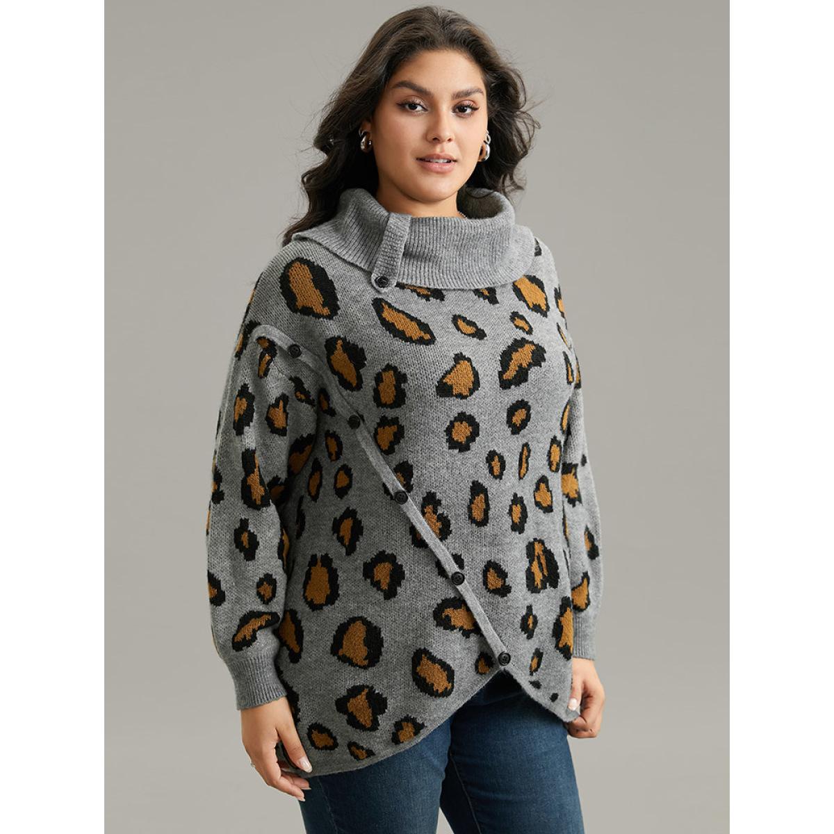 Plus Size Anti-Pilling Leopard PrintLapel Collar Button Detail Pullover Gray Women Casual Loose Long Sleeve Lapel Collar Dailywear Pullovers BloomChic 14-16/1X Product Image