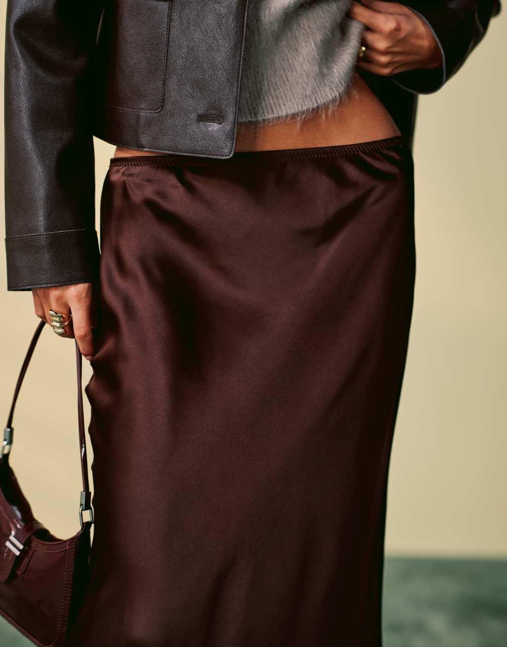 Mango satin midi skirt in brown Product Image