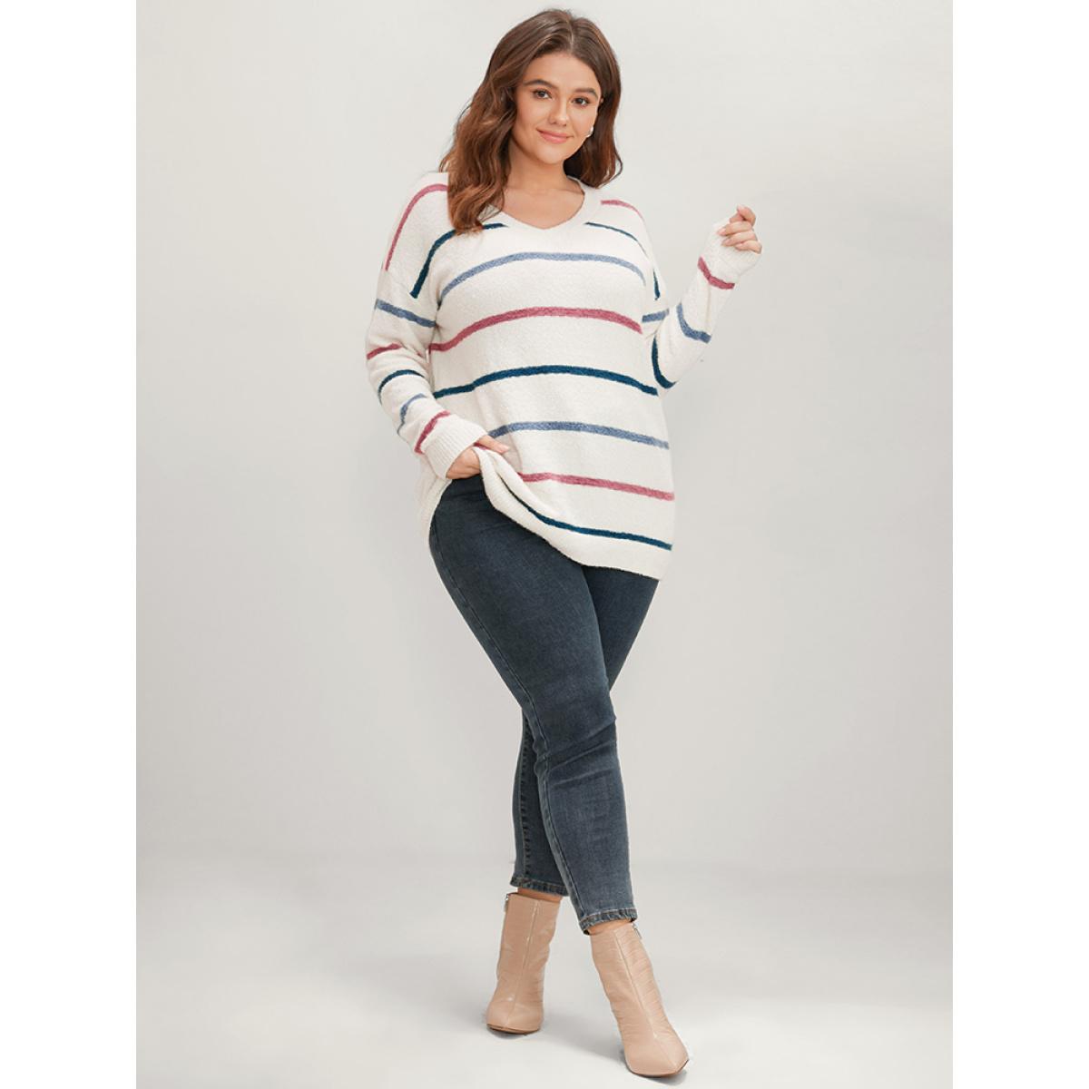 Plus Size Striped Contrast Super Soft Knit V Neck Fluffy Knit Top Ivory Women Elegant Loose Long Sleeve V-neck Dailywear Pullovers BloomChic 14-16/1X Product Image
