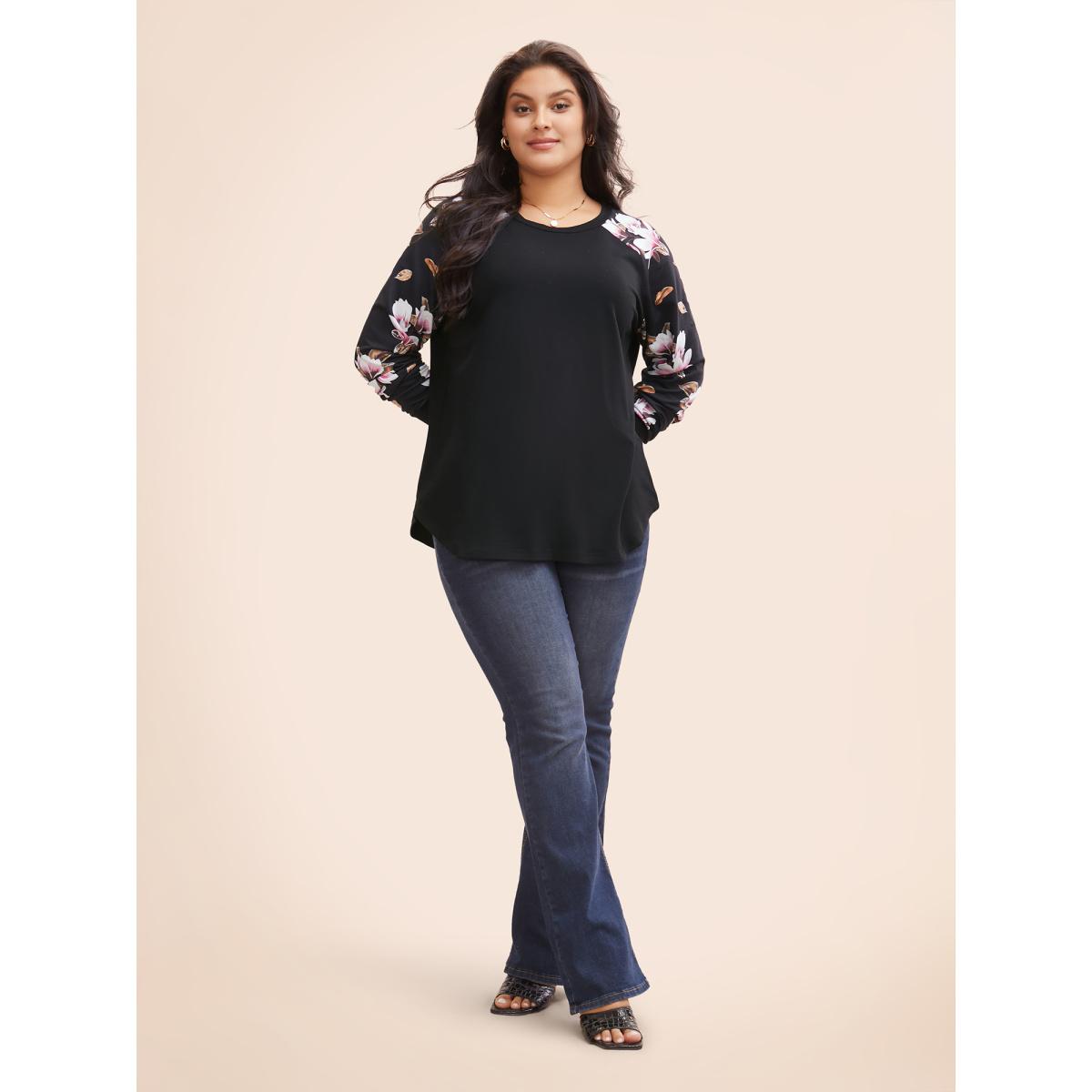 Plus Size Floral Patchwork Crew Neck Raglan Sleeve Sweatshirt Women Black Elegant Elastic cuffs Round Neck Dailywear Sweatshirts BloomChic 28/5X Product Image