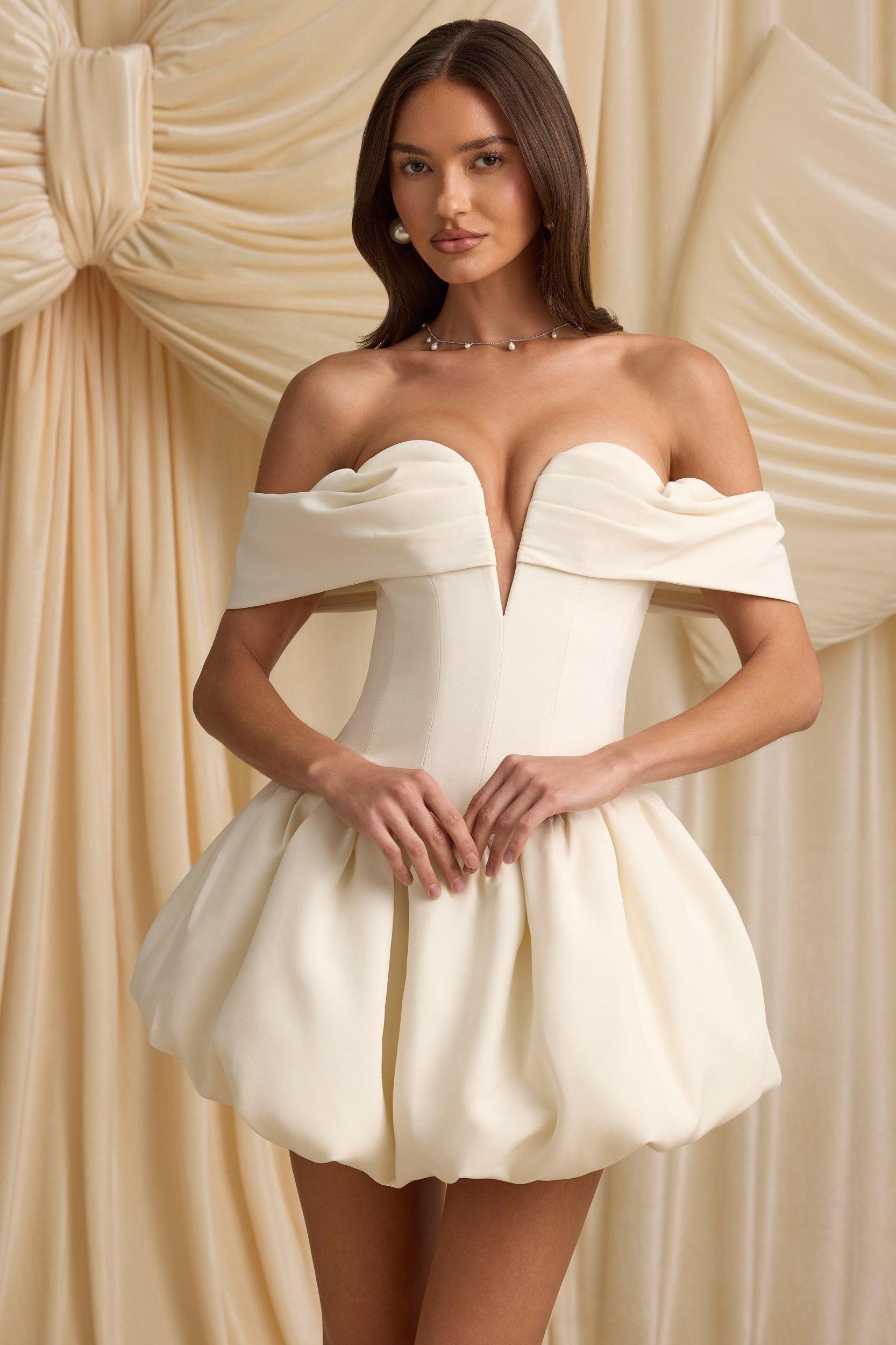 Off-Shoulder Layered Bubble Hem Corset Mini Dress in Ivory Product Image