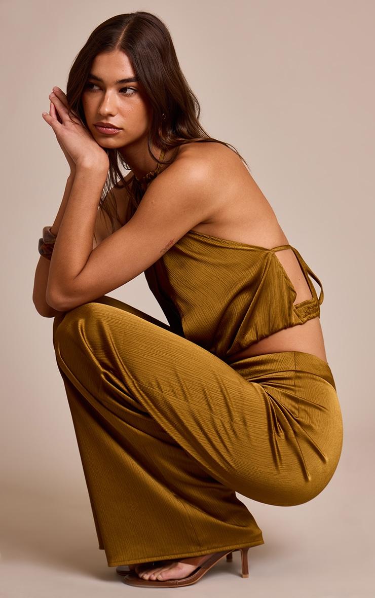 Dark Chartreuse Crinkle Satin High Waisted Wide Leg Pants Product Image