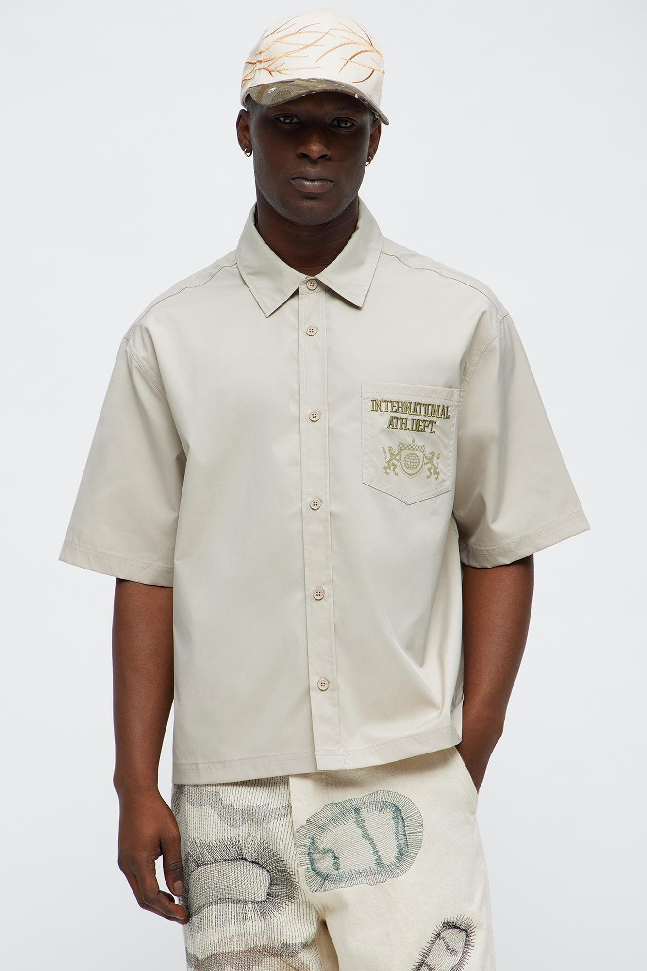 Cropped Athletic Dept. Short Sleeve Button Up Shirt - Khaki Product Image