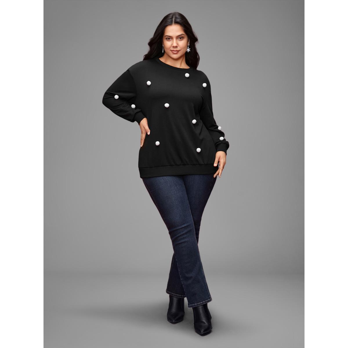 Plus Size 3D Dots Round Neck Relaxed Fit Sweatshirt Women Black Casual Patchwork Round Neck Everyday Sweatshirts BloomChic 30/6X Product Image