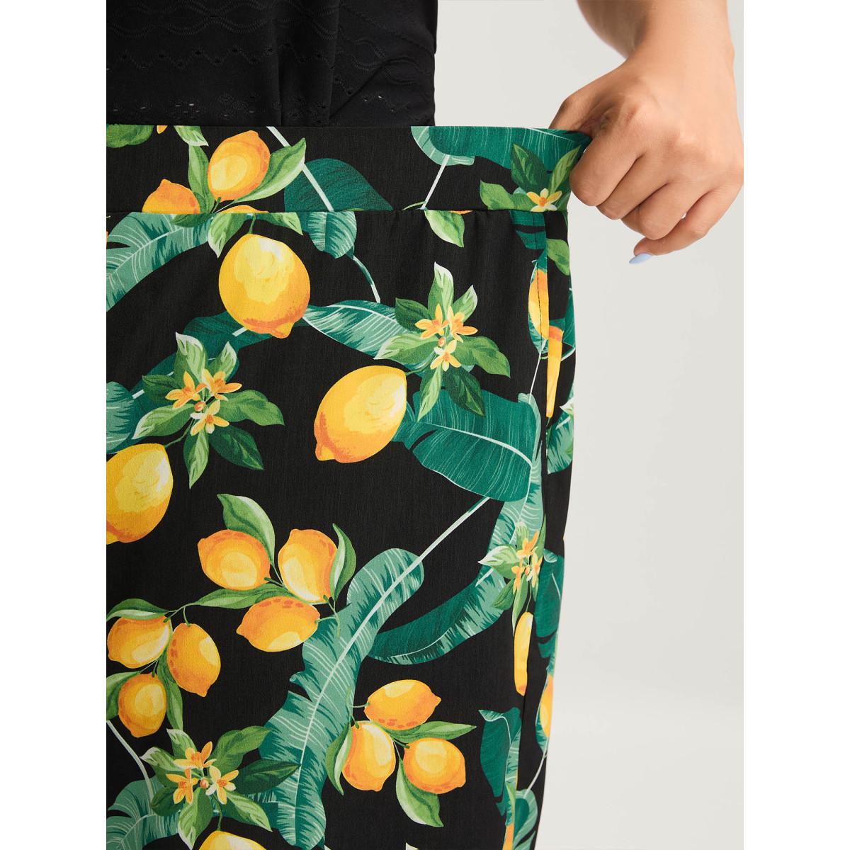 Plus Size Citrus Print Wide-Leg Pants Women BlackFlower Leisure Wide Leg Mid Rise Casual Pants BloomChic 30/6X Product Image