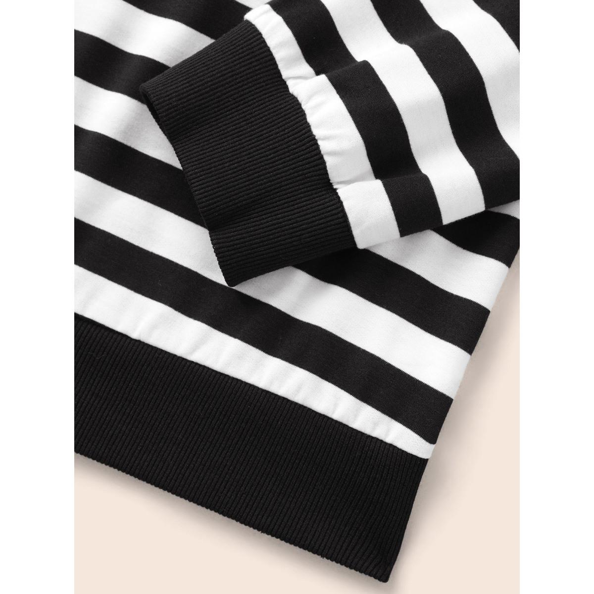 Plus Size Round Neck Striped Patchwork Contrast Sweatshirt Women Black Casual Contrast Loose Round Neck Everyday Sweatshirts BloomChic 26/4X Product Image