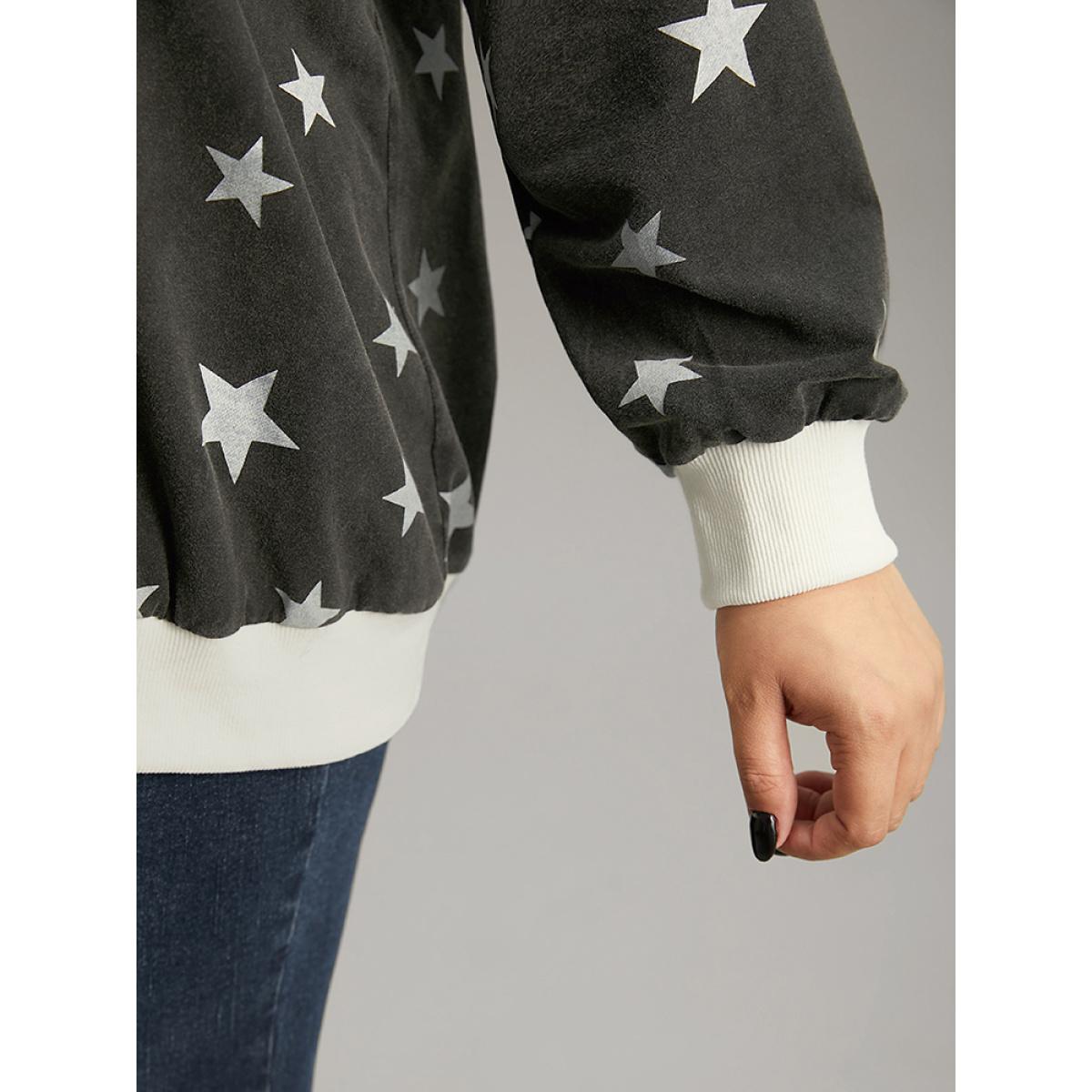 Plus Size Star Print Keyhole Rib Knit Hem Sweatshirt Women Black Casual Elastic cuffs Keyhole Cut-Out Dailywear Sweatshirts BloomChic 22-24/3X Product Image