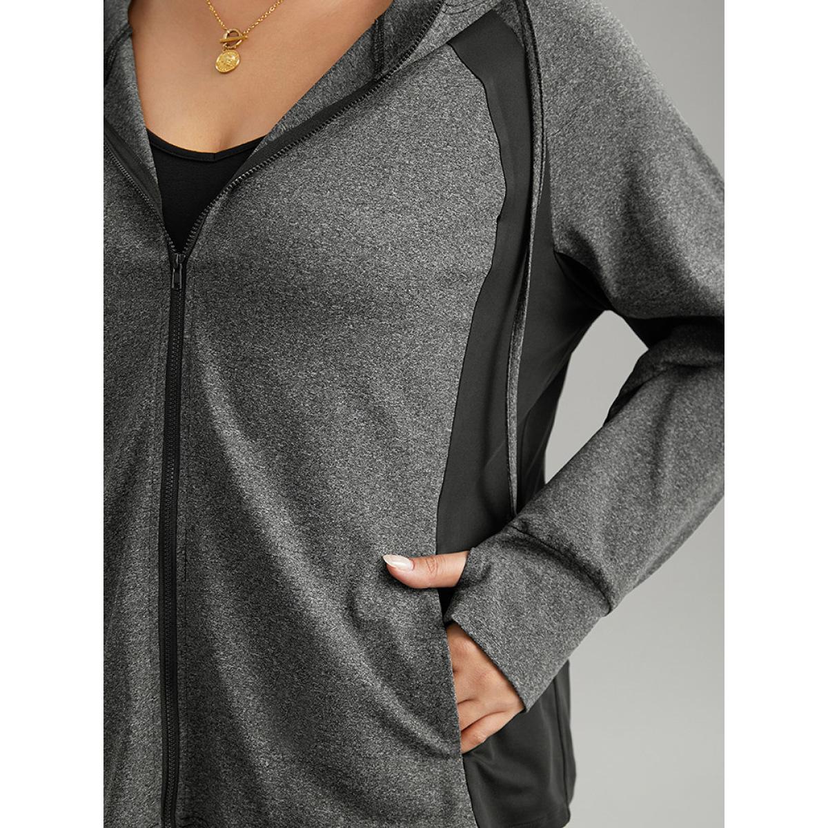 Plus Size Contrast Drawstring Zipper Hooded Jacket Women DimGray Contrast Pocket Dailywear Jackets BloomChic 30/6X Product Image